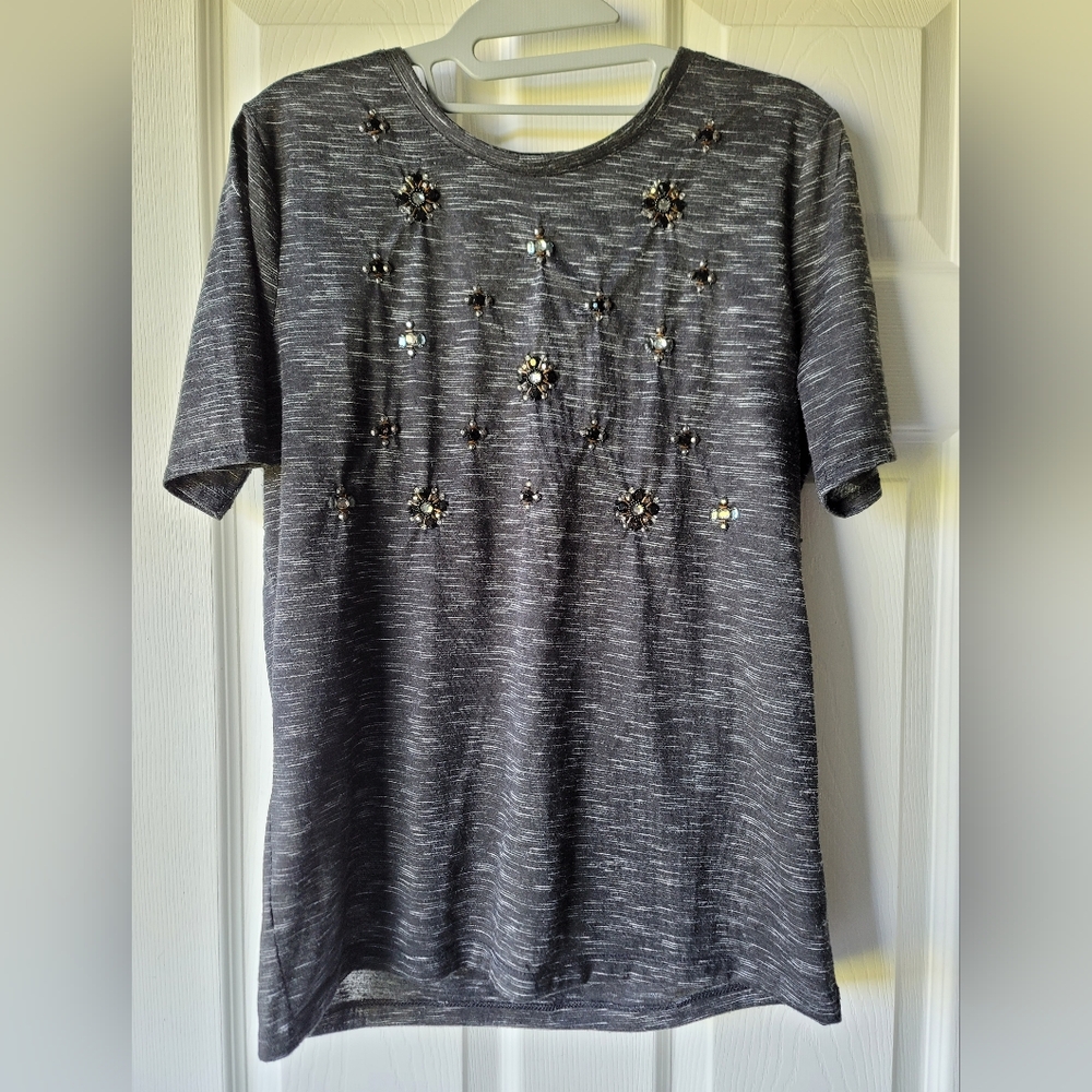 Loft Charcoal Heather Beaded Top